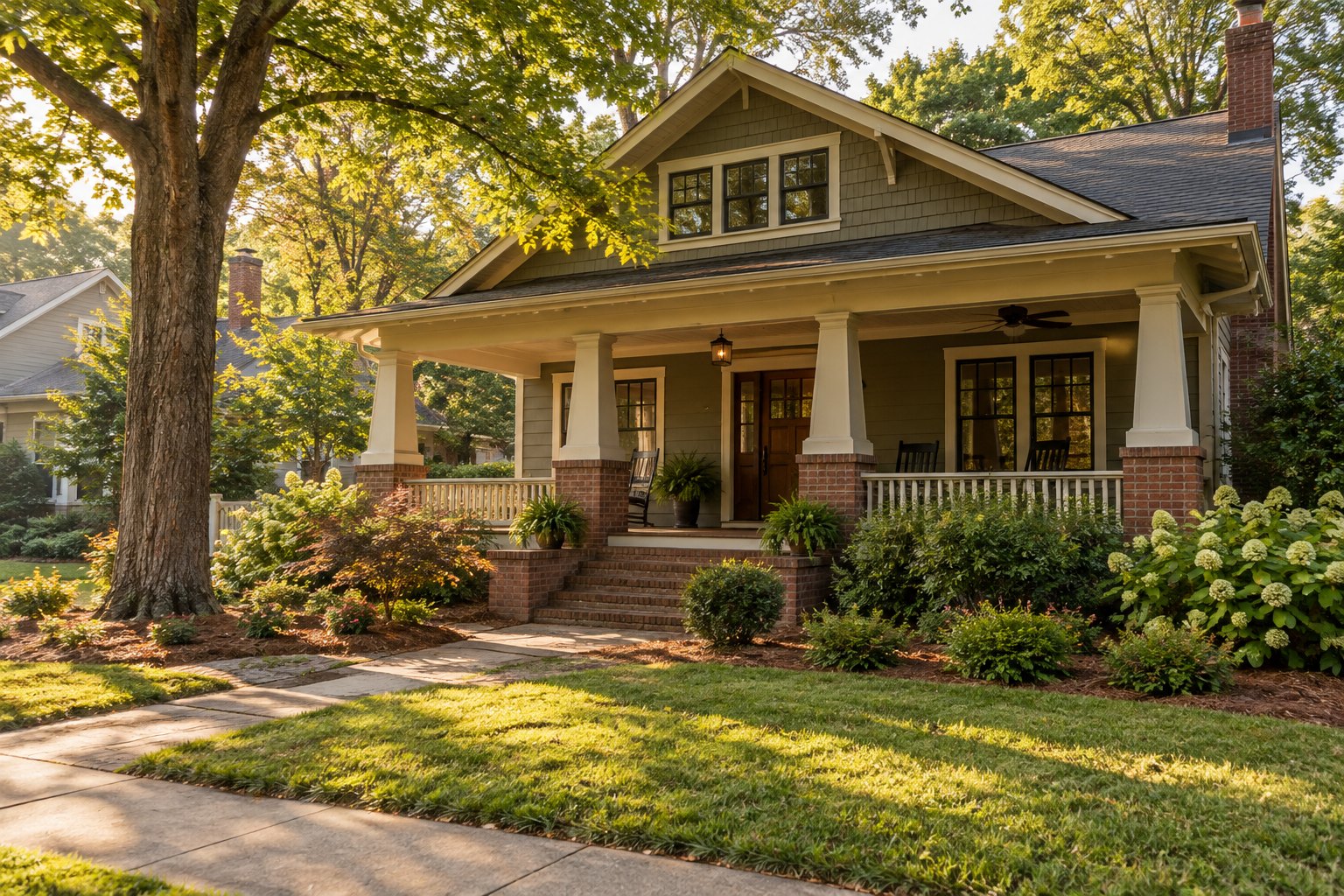A craftsman bungalow with a deep front porch in Upstate South Carolina, illustrative