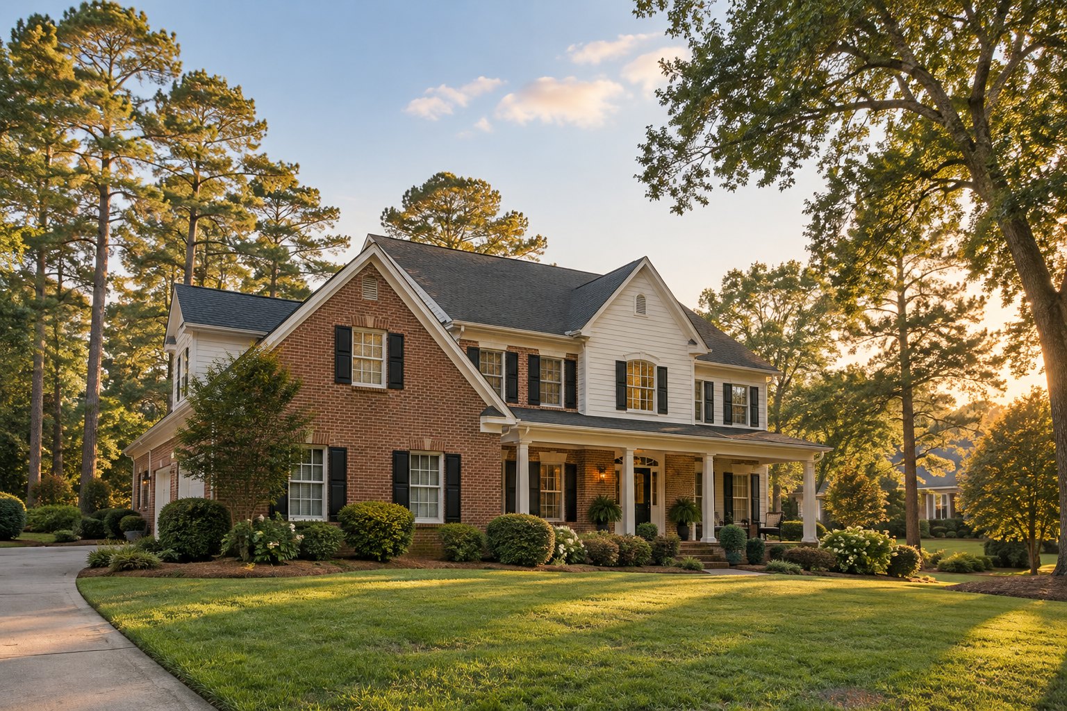 A brick and white traditional home under tall pines in Upstate South Carolina at golden hour, illustrative