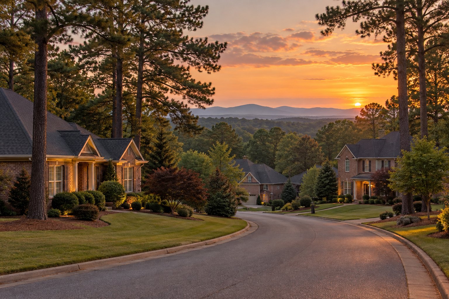 A curving Spartanburg County street at sunset, illustrative